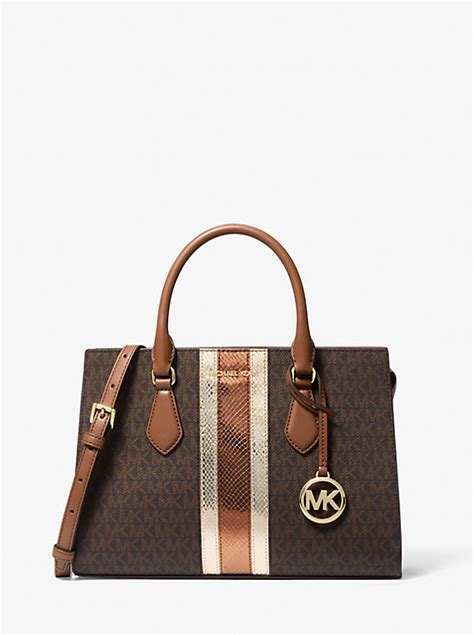 michael kors sheila brown|Sheila Medium Signature Logo and Metallic Satchel .